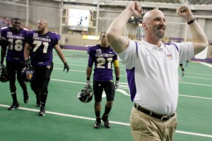UNI Offensive Coordinator Rick Nelson celebrates after the team's victory over Maine at the UNI-Dome in Cedar Falls, Iowa, on Nov. 29, 2008. (Jonathan D. Woods/The Gazette)
