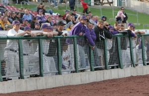 Members of the UNI baseball team watch the action on the field during the Corridor Classic on April 28, 2009 at Veterans Memorial Stadium in Cedar Rapids. UNI won 9-3.  (Brian Ray/The Gazette)