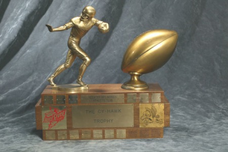 The Cy-Hawk Trophy donated by the Des Moines Athletic Club when Iowa State and Iowa resumed football competition in 1977.